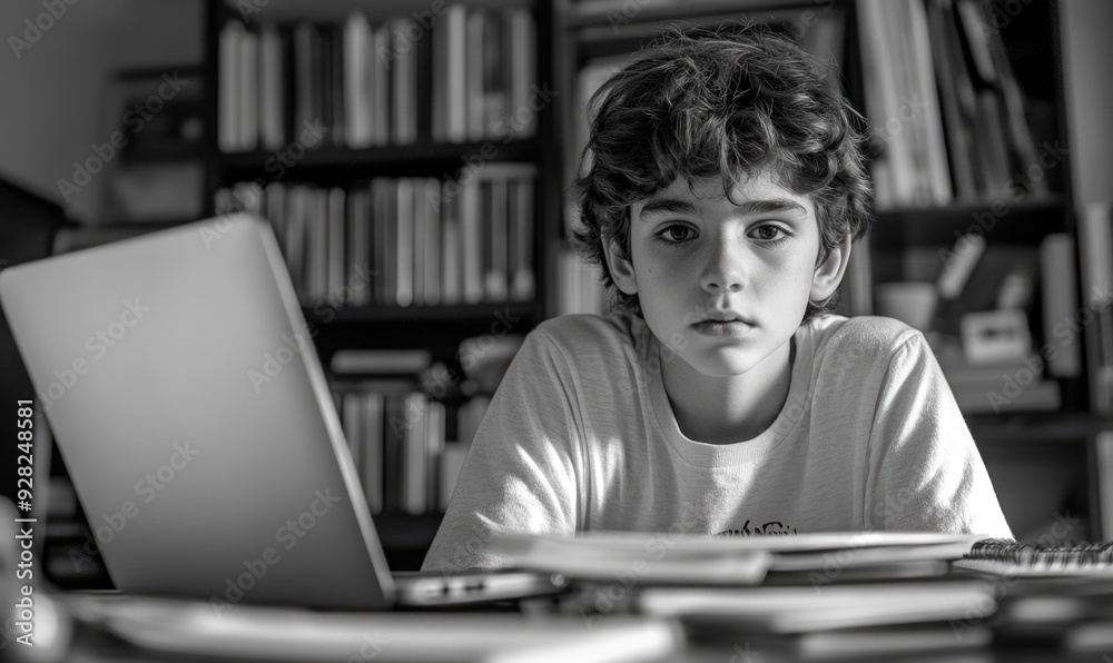 Boy focused on homework, laptop and notebooks spread out