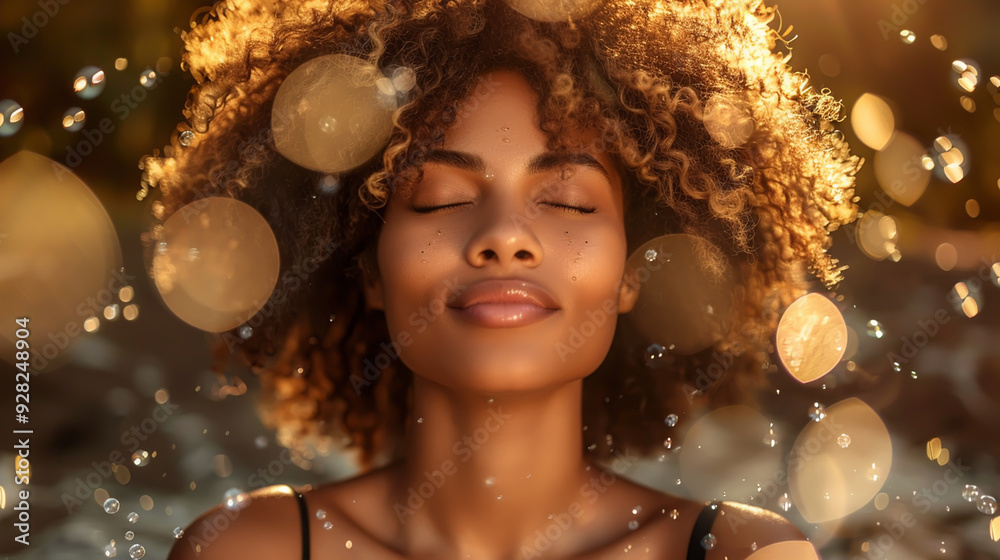 Serene Woman with Curly Hair Enjoying Sunset with Bokeh Light Bubbles Serene Woman with Curly Hair Enjoying Sunset with Bokeh Light Bubbles