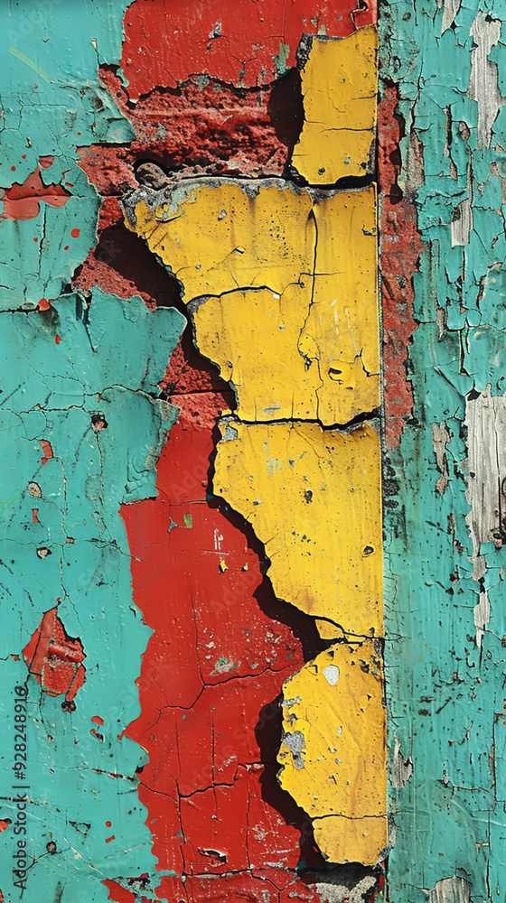 Naklejka premium Abstract Weathered Paint Texture with Red, Yellow, and Teal Layers and Cracks