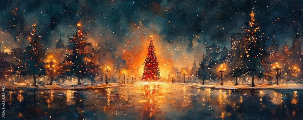 A magical winter night featuring a glowing Christmas tree surrounded by snow, trees, and soft lights, creating a festive atmosphere. A magical winter night featuring a glowing Christmas tree surrounded by snow, trees, and soft lights, creating a festive atmosphere.