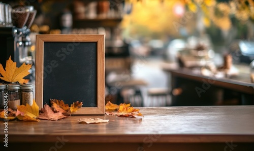 Fototapeta Naklejka Na Ścianę i Meble -  Empty menu board on a counter, fall leaves scattered around