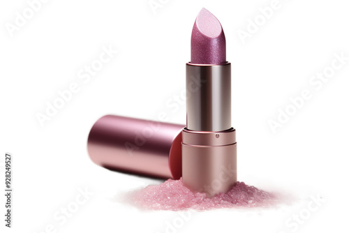 Shimmering Pink Lipstick In A Bed Of Sparkling Dust on a White or Clear Surface PNG Transparent Background. photo