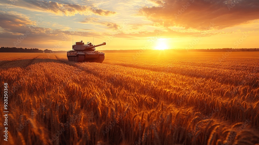 Fototapeta premium A tank hidden in a wheat field at sunset, its camouflaged turret barely visible among the golden stalks.