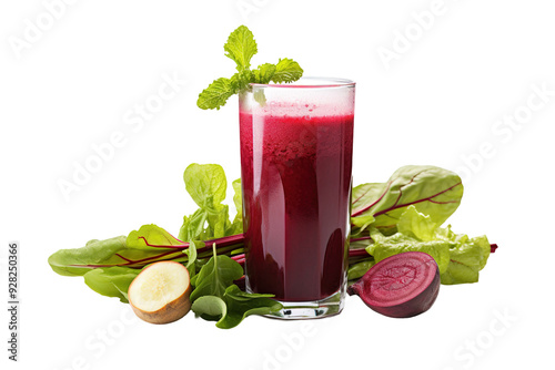 A Refreshing Glass of Beetroot Juice With Fresh Greens on a White or Clear Surface PNG Transparent Background.