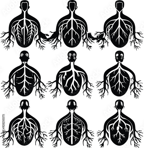 Human Lungs with Roots Minimalist Black Silhouette Vector Collection