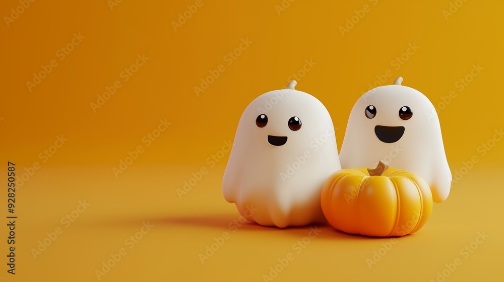 Cute ghost-shaped candles with a small pumpkin against a vibrant orange background during autumn Cute ghost-shaped candles with a small pumpkin against a vibrant orange background during autumn