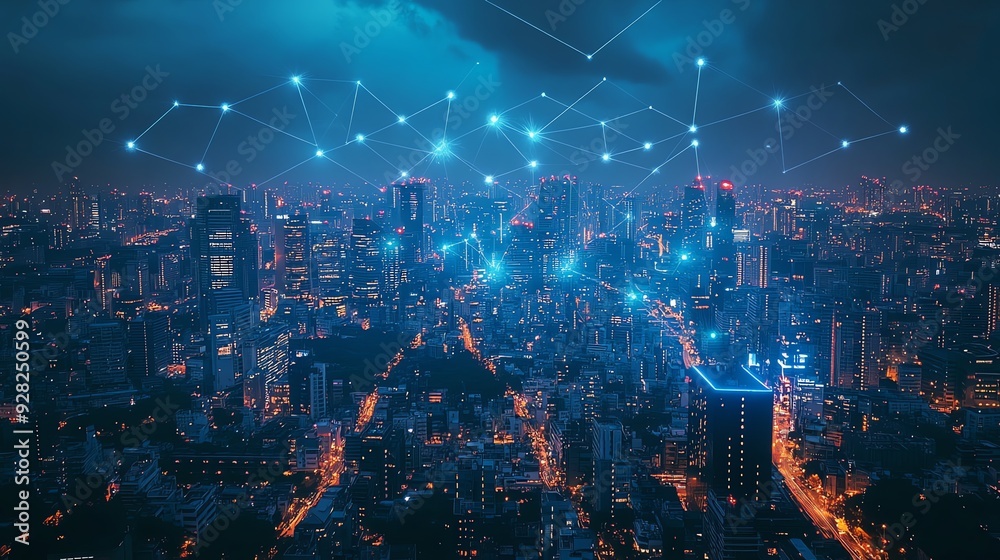 Obraz premium Cityscape with Digital Network Connections.