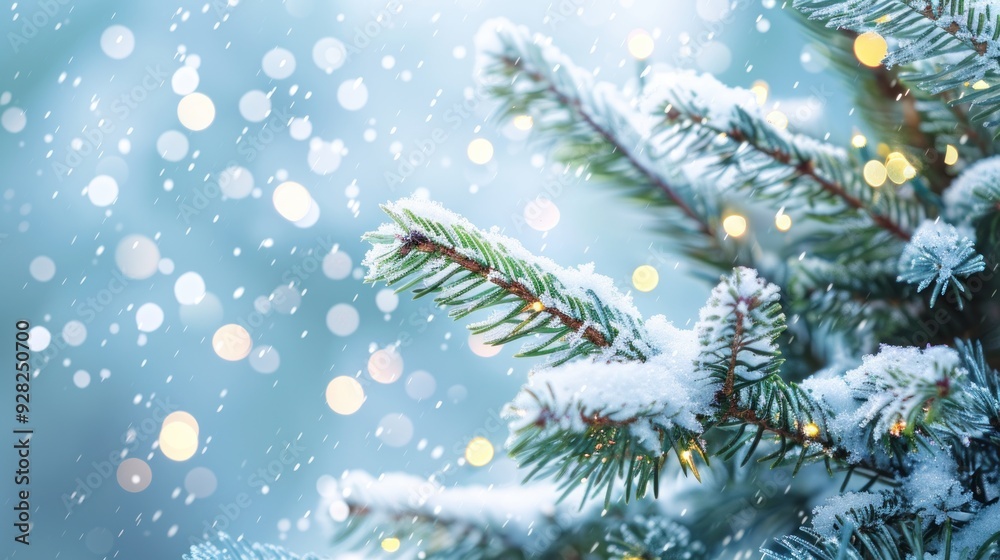 Snowy Christmas Tree Branch with Bokeh Lights Snowy Christmas Tree Branch with Bokeh Lights