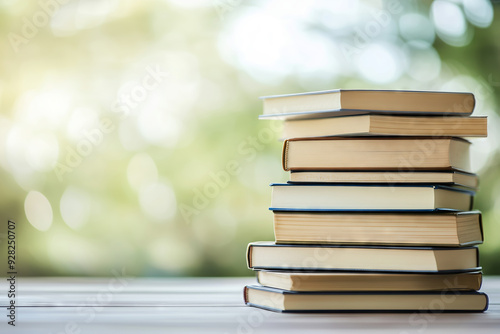 A stack of books on a table with copy space for text against a blurred background, concept of education and reading, banner design template