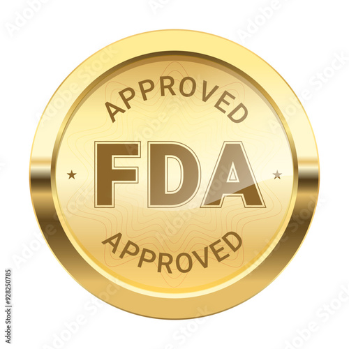 FDA Aprroved label, Food And Drug Administration Gold Round Circle sticker Badge with stars for use to your product, realistic Golden Medal coin for your business photo