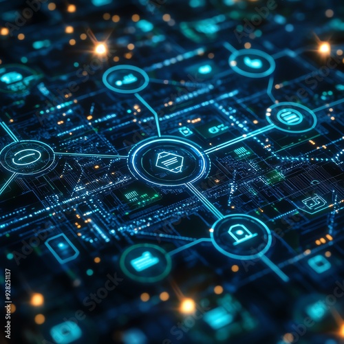 Digital network with interconnected nodes representing cybersecurity concepts and technology innovations.