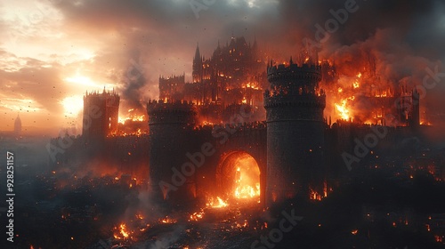 A heavily armored tank breaching the gates of a medieval-style fortress, with flames and smoke billowing from the walls.