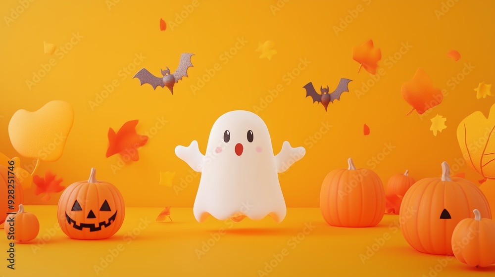 Cute ghost celebrating Halloween among pumpkins, bats, and colorful leaves