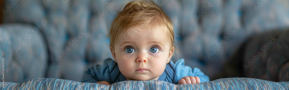Adorable Baby with Big Blue Eyes Peering Over Blue Couch in Living Room Adorable Baby with Big Blue Eyes Peering Over Blue Couch in Living Room