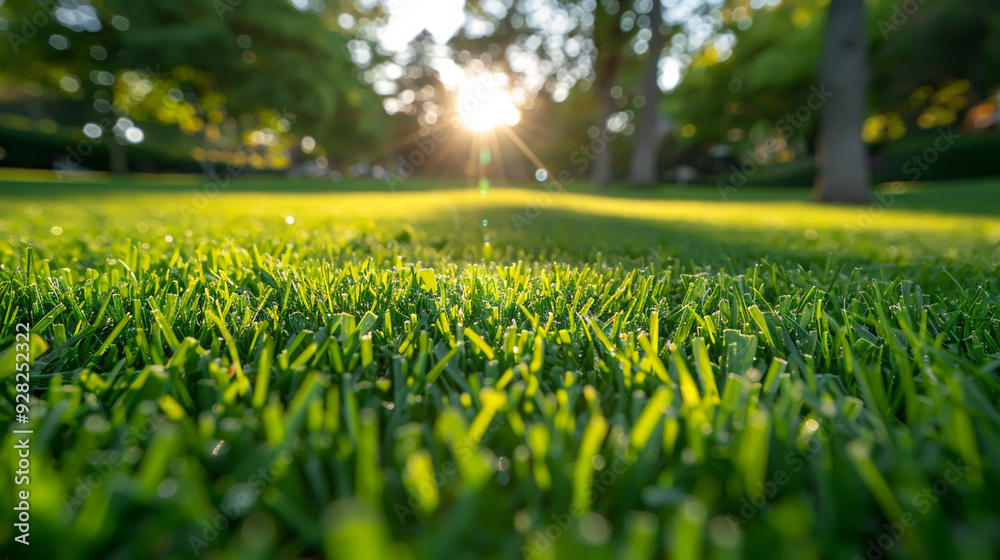 Sunrise Over Dewy Grass in a Lush Green Park with Sunlight Filtering Through Trees Sunrise Over Dewy Grass in a Lush Green Park with Sunlight Filtering Through Trees