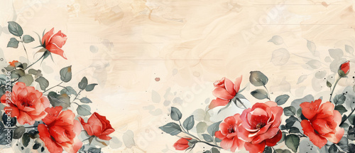 Fototapeta Naklejka Na Ścianę i Meble -  watercolor blooming red Rose flowers with leaf border frame on old vintage grunge wide journal paper with blank space in the center	