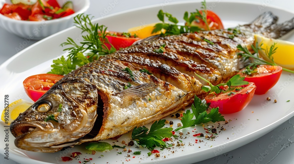 Piece of roasted salmon with tomatoes and herbs on white plate. Piece of roasted salmon with tomatoes and herbs on white plate.
