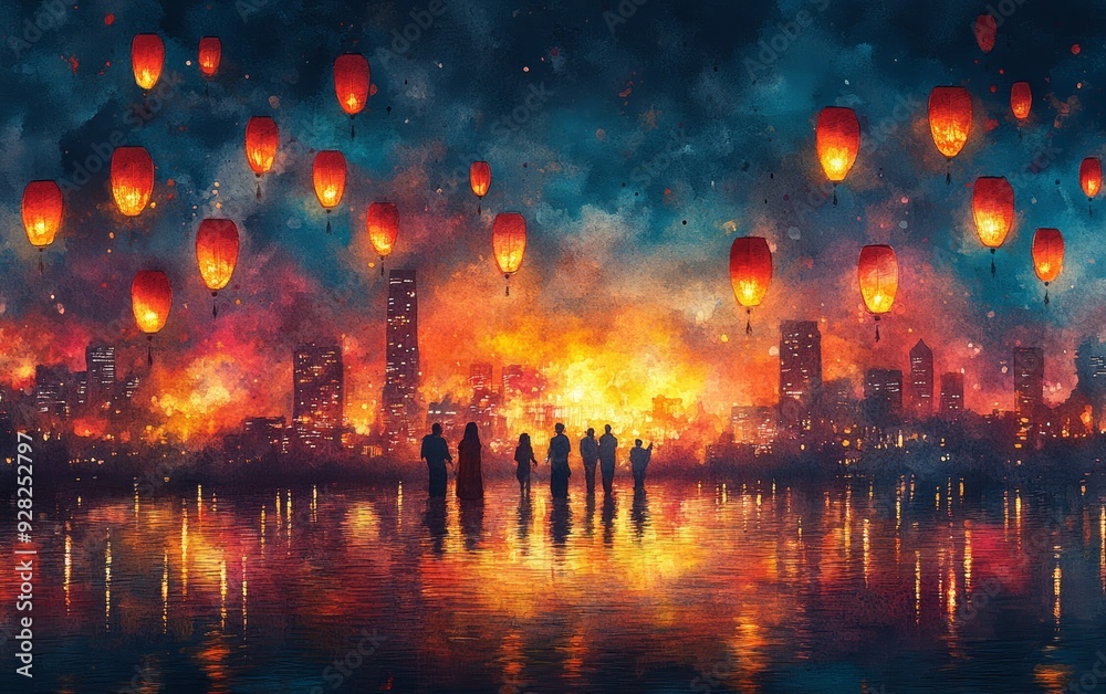 A serene night scene with colorful lanterns floating above a cityscape, reflecting on calm waters, evoking a sense of wonder.