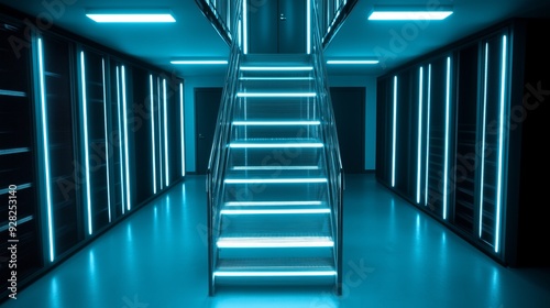 Blue Neon Illuminated Staircase and Hallway