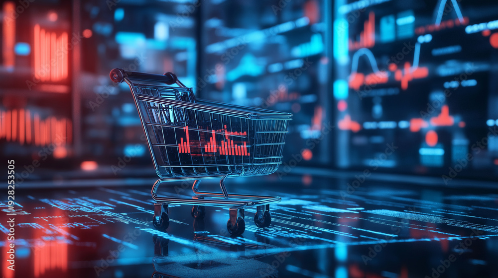 A shopping cart surrounded by digital graphs and data displaying trends in a futuristic marketplace A shopping cart surrounded by digital graphs and data displaying trends in a futuristic marketplace