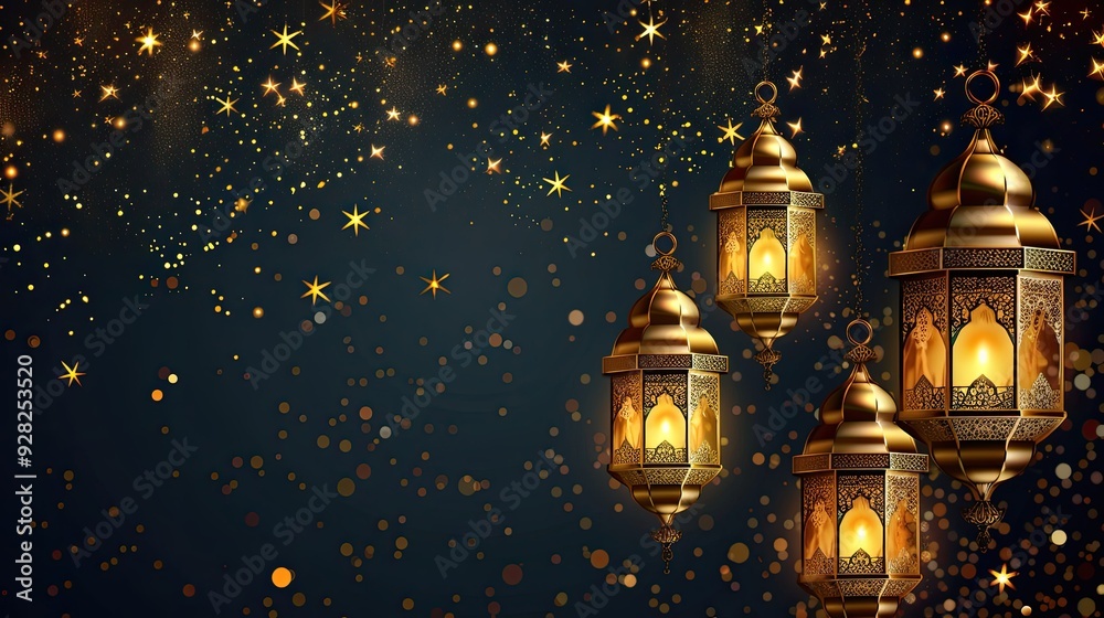 Obraz premium Golden Lanterns in a Starry Night