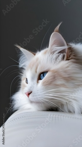 A white cat resting on a leg, embodying comfycore and solarpunk aesthetics, captured handheld with an M42 mount, featuring a genderless and supple mass, representative of petcore. photo