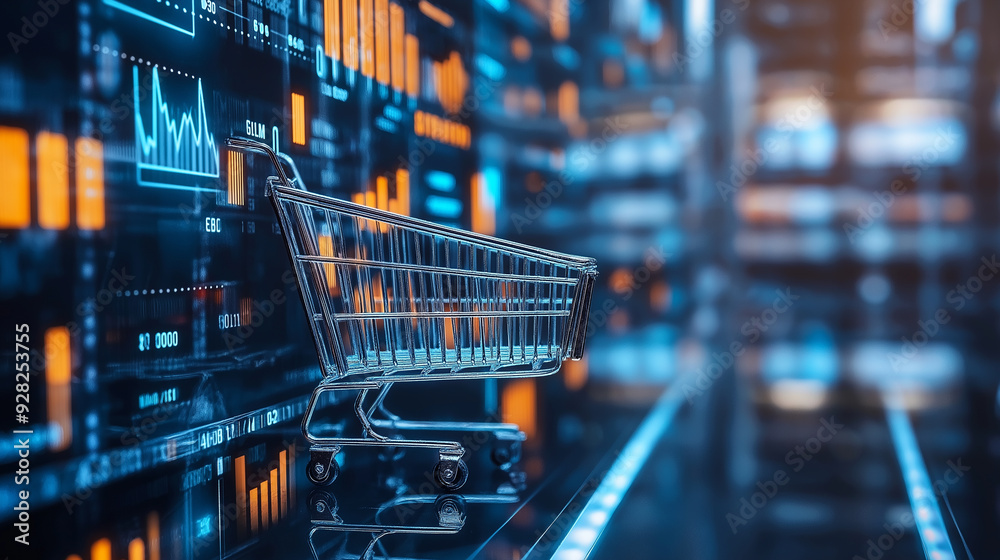 Shopping cart on a digital background with charts and data visuals Shopping cart on a digital background with charts and data visuals