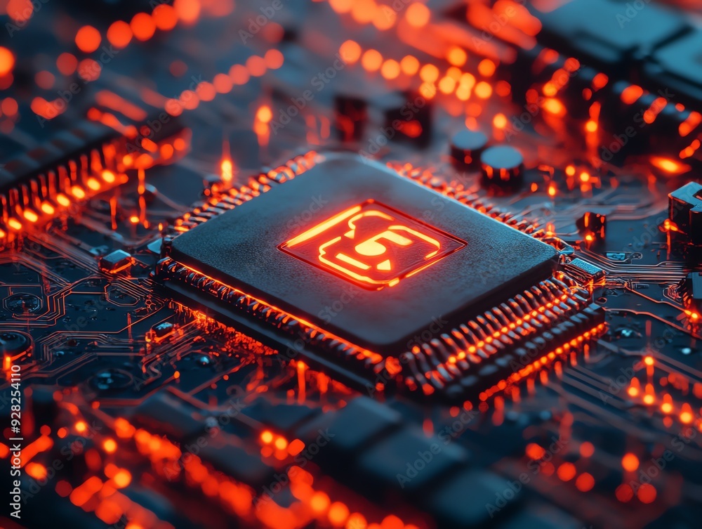 Closeup of illuminated microprocessor on motherboard. Closeup of illuminated microprocessor on motherboard.