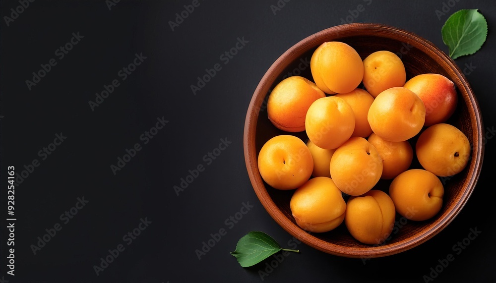 Apricot in a bowl on a black background, top view, copy space Apricot in a bowl on a black background, top view, copy space