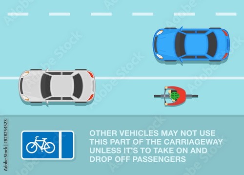 Safe driving tips and traffic regulation rules. British "mandatory with flow pedal cycle lane" road sign meaning. Top view of a car parked on a dedicated lane. Flat vector illustration template.