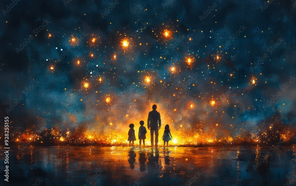A silhouette of a parent and two children against a starry night sky, illuminated by warm, glowing lights, evoking wonder and connection.