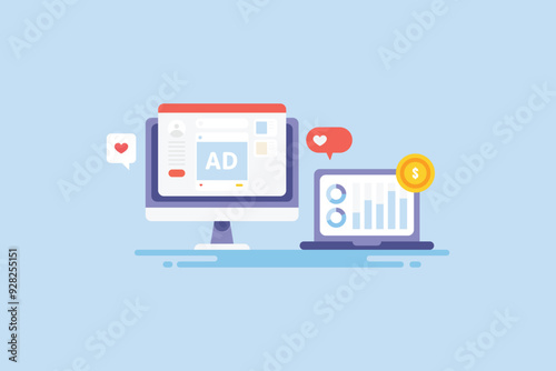 Social media sponsored advertising performance analytics, website traffic and digital growth graph data on laptop screen, vector illustration.