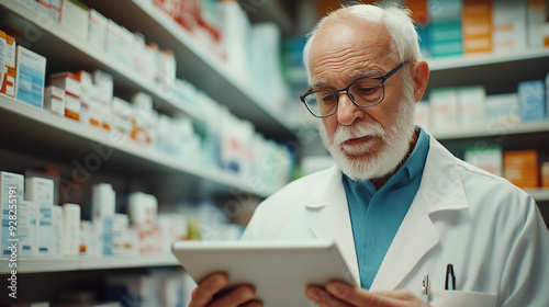 Elderly pharmacist consulting a tablet in a well-stocked pharmacy during daytime