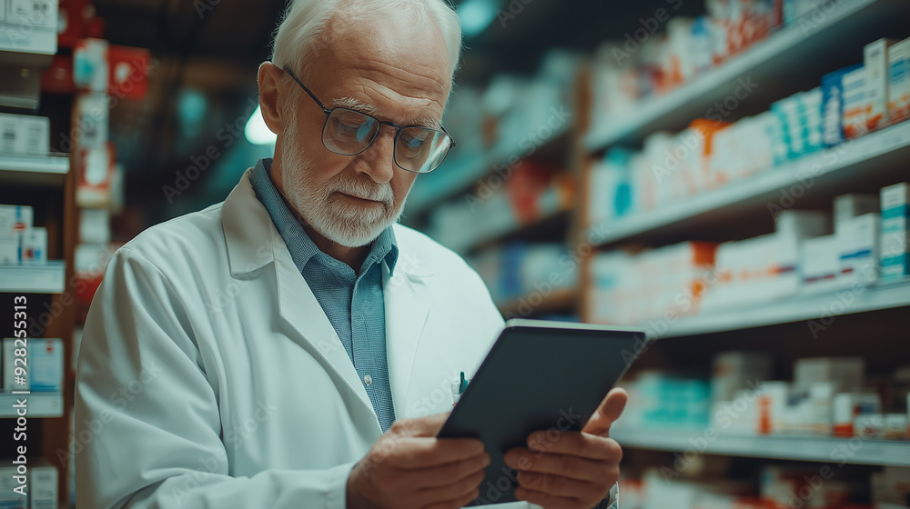 A pharmacist reviews medication records using a tablet in a well-stocked pharmacy A pharmacist reviews medication records using a tablet in a well-stocked pharmacy