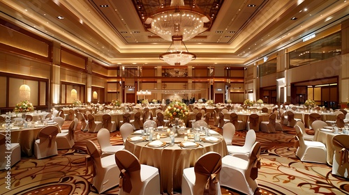 Grand ballroom interior showcasing elegant table settings with white tablecloths and brown chairs. The room is decorated with gold accents and a large chandelier, creating a luxurious and formal.