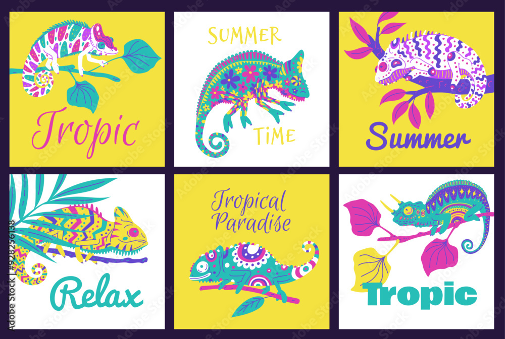 Obraz premium Vector set of posters with cute colorful chameleons text on a white and yellow background