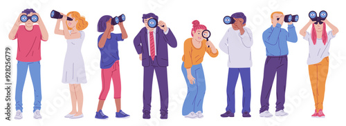 People with binoculars in vector set. Flat cartoon style.