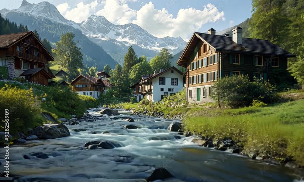 Swiss landscape with river stream and houses Swiss landscape with river stream and houses