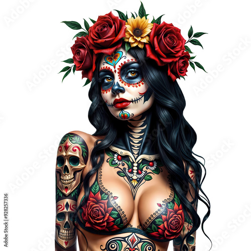 Gothic Sugar Skull Woman with Red Roses and Tattoos on Transparent Background