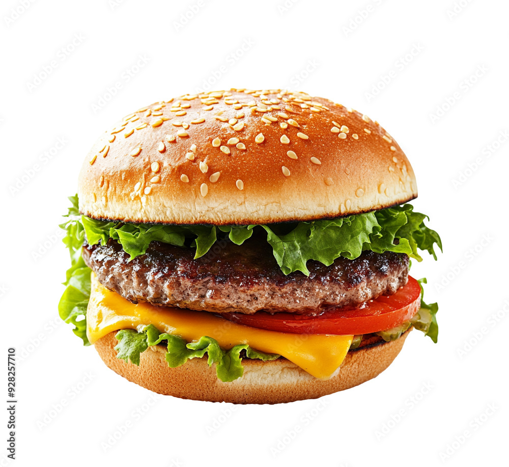 Juicy cheeseburger with lettuce and tomato, isolated on a transparent background Juicy cheeseburger with lettuce and tomato, isolated on a transparent background