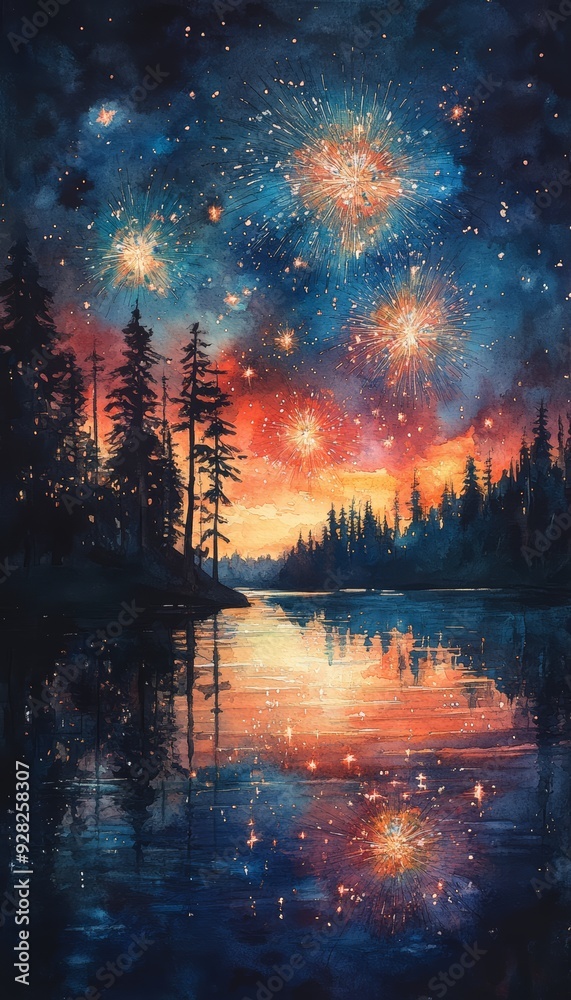 A stunning watercolor of a starry sky reflected in a serene lake, framed by silhouette of tall trees at sunset.