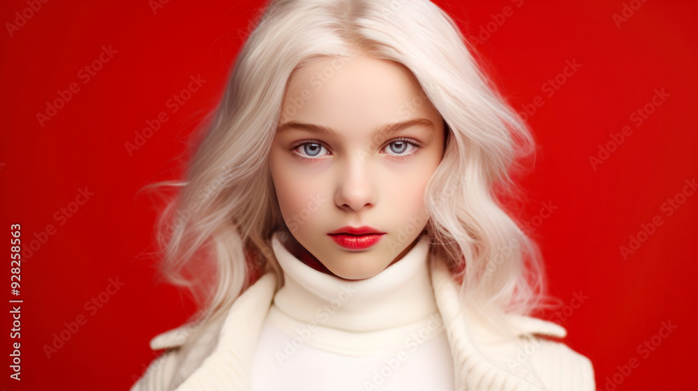 Portrait of a chic cute beautiful blonde child girl with long white hair and perfect skin, red background, banner. Portrait of a chic cute beautiful blonde child girl with long white hair and perfect skin, red background, banner.