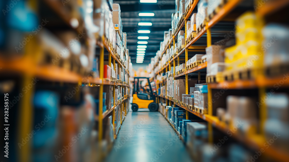 Warehouse interior with shelves full of products and a forklift navigating the aisle Warehouse interior with shelves full of products and a forklift navigating the aisle
