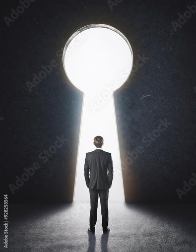  businessman standing in abstract key opening in wall with bright light 