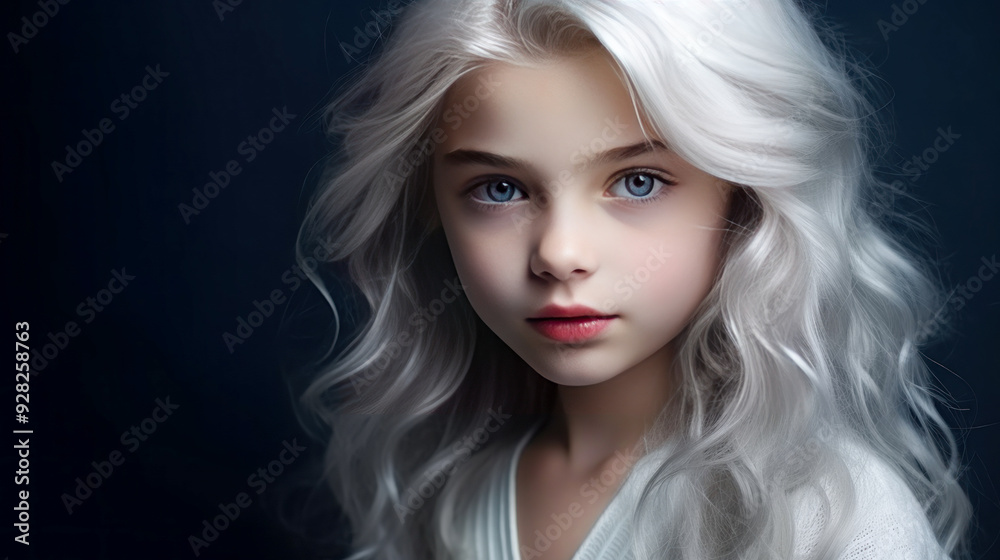 Portrait of a chic cute beautiful blonde child girl with long white hair and perfect skin, dark blue background, banner. Portrait of a chic cute beautiful blonde child girl with long white hair and perfect skin, dark blue background, banner.