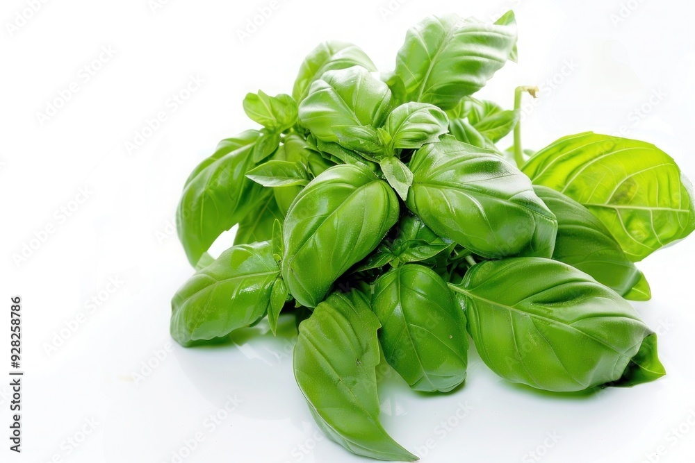 A bunch of fresh basil leaves with a vibrant green color, isolated on a pure white background A bunch of fresh basil leaves with a vibrant green color, isolated on a pure white background