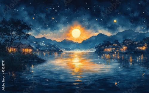 A tranquil night scene with a glowing moon over a serene lake, surrounded by mountains and softly lit houses.