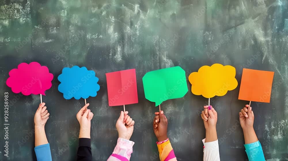 Diverse hands holding colorful paper speech bubbles against blackboard background
