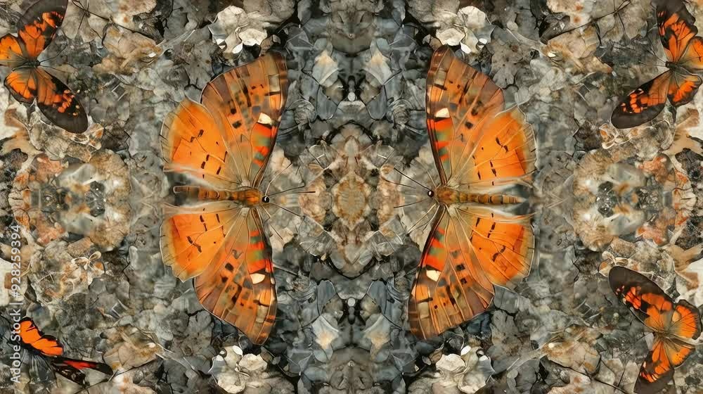 A symmetrical pattern featuring vibrant orange butterflies on a textured background. A symmetrical pattern featuring vibrant orange butterflies on a textured background.