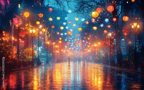 A vibrant and colorful street illuminated by lanterns, reflecting on the wet pavement, creating a magical night scene.